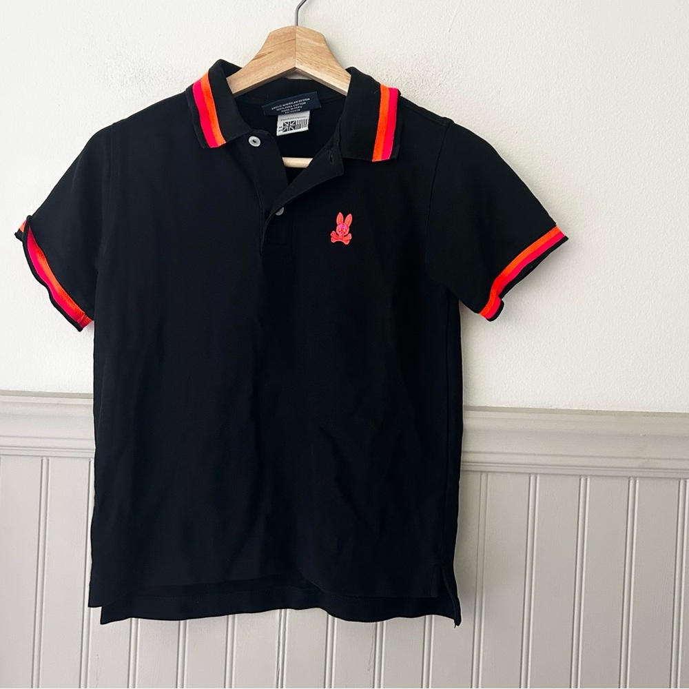 Psycho Bunny Boys Medium Black Polo with Red and Orange Stripes